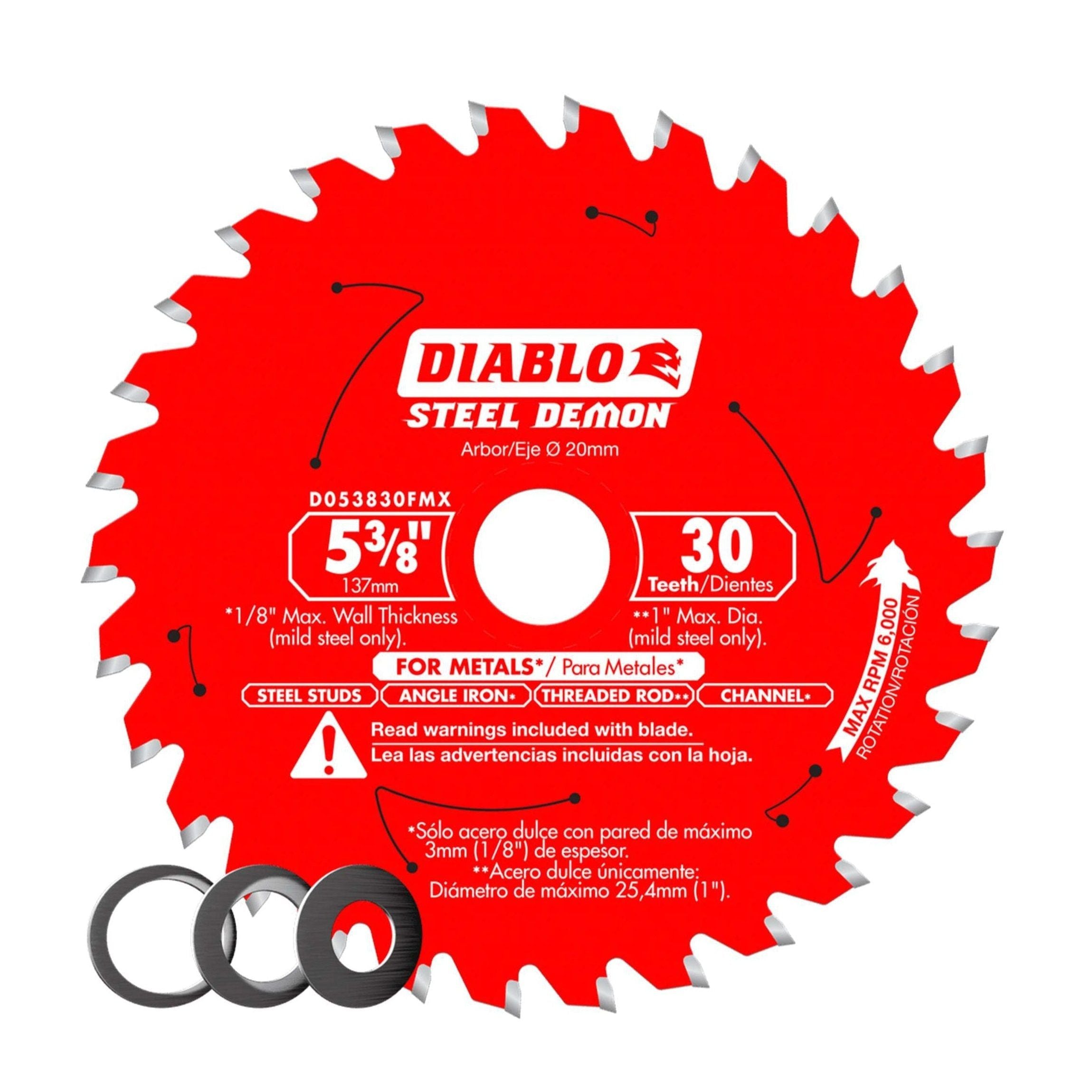 The Diablo D053830FMX Steel Demon™ 5-3/8 in. x 30-teeth carbide saw blade ensures burr-free cuts in metal and includes three black washers, offering precision and durability.